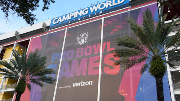 Feb 2, 2024; Orlando, FL, USA; The Pro Bowl Games logo on the Camping World Stadium facade. Mandatory Credit: Kirby Lee-Imagn Images