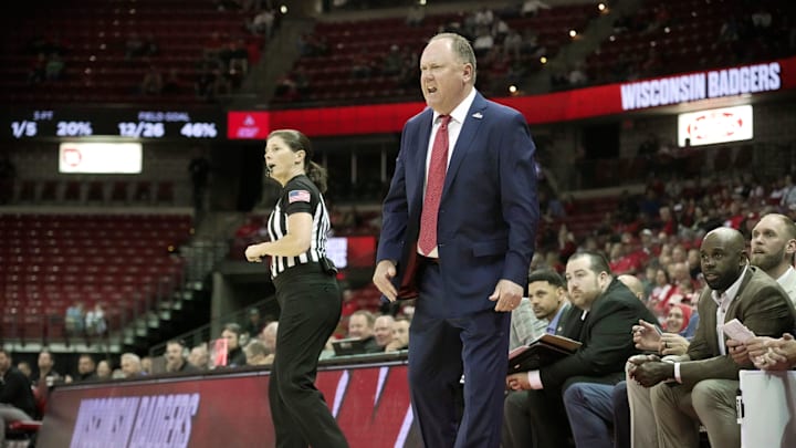 Wisconsin head coach Greg Gard is shown during the first half of their preseason game against UW-River Falls Wednesday, October 30, 2024 at the Kohl Center in Madison, Wisconsin.