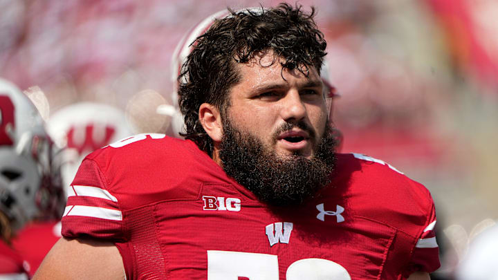 Wisconsin offensive lineman Joe Brunner (56) is shown during their game Saturday, September 2, 2023 at Camp Randall Stadium in Madison, Wis. Wisconsin beat Buffalo 38-17.
