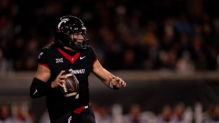 Cincinnati Bearcats quarterback Brendan Sorsby (2) looks to throw in the first quarter of the NCAA football game between Cincinnati Bearcats and TCU Horned Frogs at Nippert Stadium in Cincinnati on Saturday, Nov. 30, 2024.