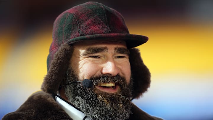 Jan 18, 2025; Kansas City, Missouri, USA; Philadelphia Eagles former player and ESPN commentator Jason Kelce reacts before in a 2025 AFC divisional round game between the Kansas City Chiefs and the Houston Texans at GEHA Field at Arrowhead Stadium. Mandatory Credit: Jay Biggerstaff-Imagn Images