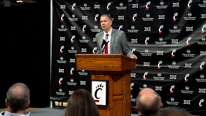 Cincinnati head coach Jerrod Calhoun speaks during a press conference announcing him as the head men's basketball coach at Fifth Third Arena in Cincinnati on Wednesday, March 25, 2026. Cincinnati head coach Jerrod Calhoun speaks during a press conference announcing him as the head men's basketball coach at Fifth Third Arena in Cincinnati on Wednesday, March 25, 2026.
