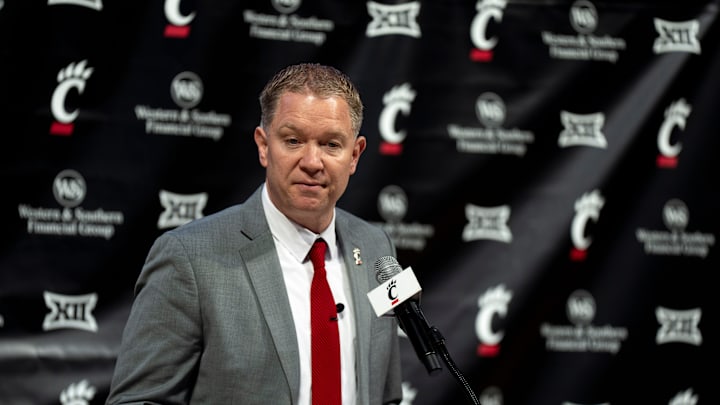 Cincinnati head coach Jerrod Calhoun speaks during a press conference announcing him as the head men's basketball coach at Fifth Third Arena in Cincinnati on Wednesday, March 25, 2026.