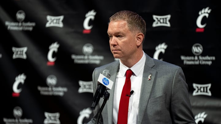 Cincinnati head coach Jerrod Calhoun speaks during a press conference announcing him as the head men's basketball coach at Fifth Third Arena in Cincinnati on Wednesday, March 25, 2026.