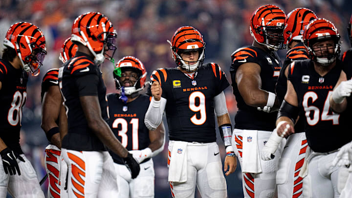 Cincinnati Bengals quarterback Joe Burrow (9) enters the huddle in the first quarter of the NFL game against the Washington Commanders at Paycor Stadium in Cincinnati Monday, Sept. 23, 2024.