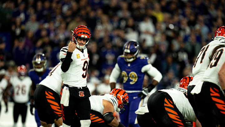 Cincinnati Bengals quarterback Joe Burrow (9) communicates with his team in the first quarter of the NFL game against the Baltimore Ravens at M&T Banks Stadium in Baltimore on Thursday, Nov. 7, 2024.
