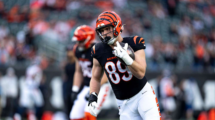 Cincinnati Bengals tight end Drew Sample (89) runs after a catch during warm ups before the NFL game between the Cincinnati Bengals and the Denver Broncos at Paycor Stadium in Cincinnati on Saturday, Dec. 28, 2024.