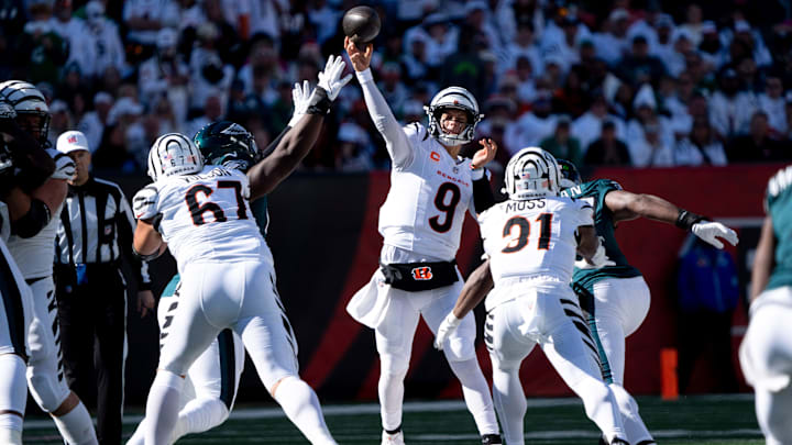 Cincinnati Bengals quarterback Joe Burrow (9) throws a pass in the third quarter of the NFL game against the Philadelphia Eagles at Paycor Stadium in Cincinnati on Sunday, Oct. 27, 2024.