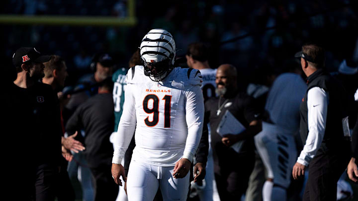 Cincinnati Bengals defensive end Trey Hendrickson (91) walks off the field after the Cincinnati Bengals lost the NFL game against the Philadelphia Eagles at Paycor Stadium in Cincinnati on Sunday, Oct. 27, 2024. Cincinnati Bengals defensive end Trey Hendrickson (91) walks off the field after the Cincinnati Bengals lost the NFL game against the Philadelphia Eagles at Paycor Stadium in Cincinnati on Sunday, Oct. 27, 2024.