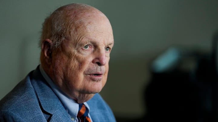 Team owner Mike Brown takes questions from reporters during the annual Cincinnati Bengals season kickoff luncheon at Paycor Stadium in downtown Cincinnati on Monday, July 22, 2024.