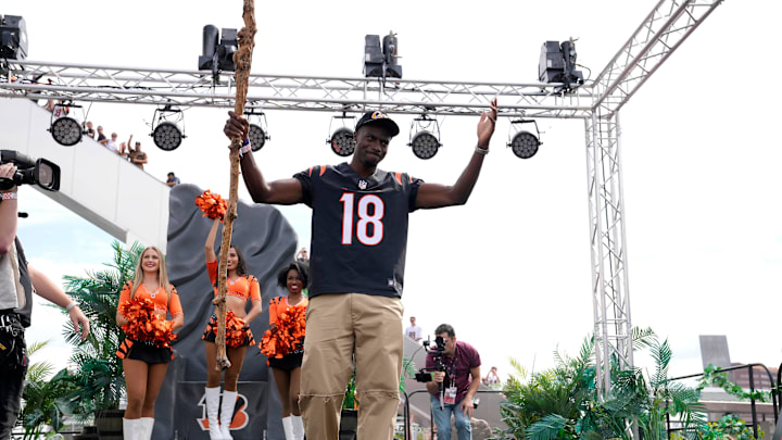 Former Cincinnati Bengals wide receiver A.J. Green is introduced as the Ruler of the Jungle prior to a Week 2 NFL football game between the Baltimore Ravens and the Cincinnati Bengals Sunday, Sept. 17, 2023, at Paycor Stadium in Cincinnati.