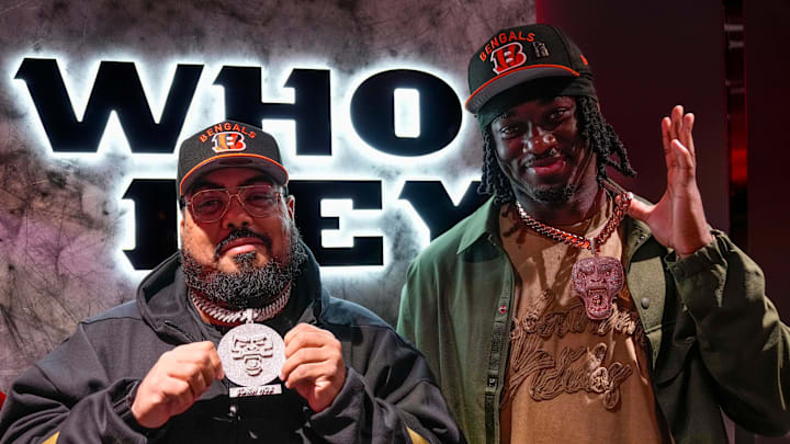 Cincinnati Bengals first round draft pick Shemar Stewart and his dad Moe Marquez show off custom jewelry they had made for each other in the Bengals locker room at Paycor Stadium in downtown Cincinnati on Friday, April 25, 2025.