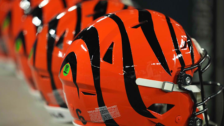 Nov 7, 2024; Baltimore, Maryland, USA; A general view of the Cincinnati Bengals helmets prior to the game against the Baltimore Ravens at M&T Bank Stadium. Mandatory Credit: Mitch Stringer-Imagn Images