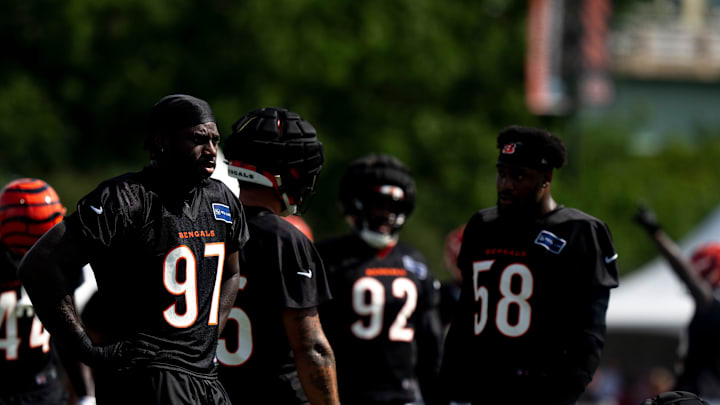 Cincinnati Bengals defensive end Shemar Stewart looks on during the Bengals camp in Cincinnati on July 27, 2025.