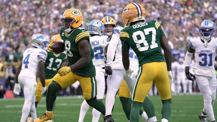 Green Bay Packers running back Josh Jacobs (8) scores a touchdown during the fourth quarter of their game Sunday, September 7, 2025 at Lambeau Field in Green Bay, Wisconsin. The Green Bay Packers beat the Detroit Lions 27-13. Green Bay Packers running back Josh Jacobs (8) scores a touchdown during the fourth quarter of their game Sunday, September 7, 2025 at Lambeau Field in Green Bay, Wisconsin. The Green Bay Packers beat the Detroit Lions 27-13.