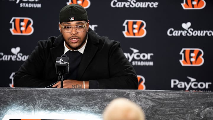Bengals left tackle Orlando Brown Jr. speaks to the media during a press conference at Paycor Stadium in Cincinnati on Thursday, March 12, 2026.