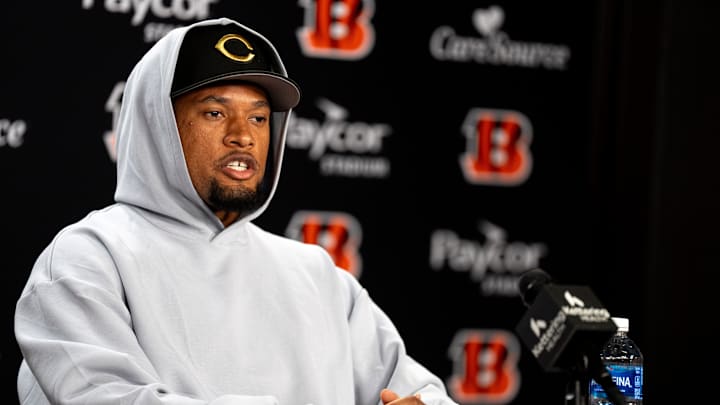Bengals safety Bryan Cook speaks to the media during a press conference at Paycor Stadium in Cincinnati on Thursday, March 12, 2026.
