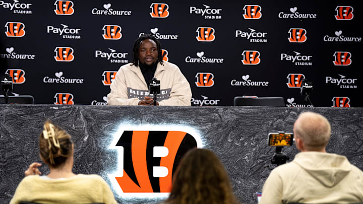 Bengals defensive end Boye Mafe speaks to the media during a press conference at Paycor Stadium in Cincinnati on Thursday, March 12, 2026.