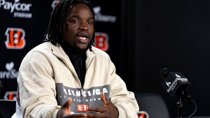 Bengals defensive end Boye Mafe speaks to the media during a press conference at Paycor Stadium in Cincinnati on Thursday, March 12, 2026.