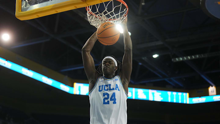 Dec 17, 2024; Los Angeles, California, USA; UCLA Bruins forward William Kyle III (24) dunks the ball against Prairie View A&M Panthers in the second half at Pauley Pavilion presented by Wescom. Mandatory Credit: Kirby Lee-Imagn Images