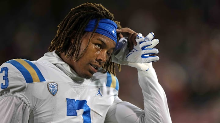 Oct 21, 2023; Stanford, California, USA; UCLA Bruins defensive back Devin Kirkwood (3) before the game against the Stanford Cardinal at Stanford Stadium. Mandatory Credit: Darren Yamashita-Imagn Images