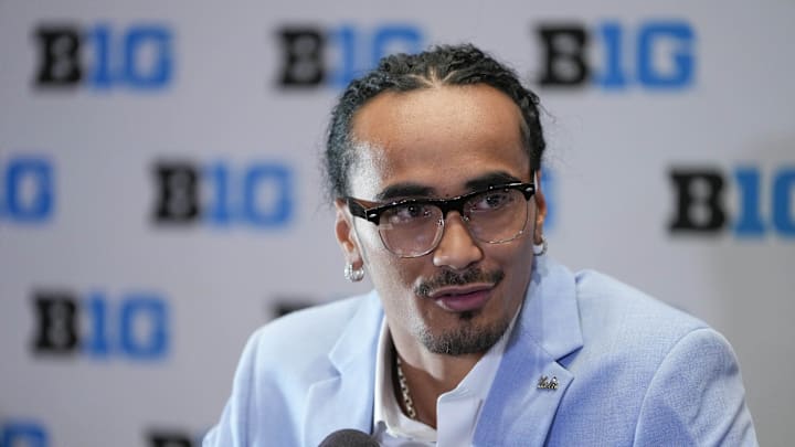 Jul 24, 2025; Las Vegas, NV, USA; UCLA quarterback Nico Iamaleava speaks to the media during the Big Ten NCAA college football media days at Mandalay Bay Resort. Mandatory Credit: Lucas Peltier-Imagn Images Jul 24, 2025; Las Vegas, NV, USA; UCLA quarterback Nico Iamaleava speaks to the media during the Big Ten NCAA college football media days at Mandalay Bay Resort. Mandatory Credit: Lucas Peltier-Imagn Images