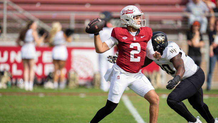Oct 26, 2024; Stanford, California, USA; Stanford Cardinal quarterback Elijah Brown (2) passes the football against the Wake Forest Demon Deacons during the first quarter at Stanford Stadium. Mandatory Credit: Neville E. Guard-Imagn Images Oct 26, 2024; Stanford, California, USA; Stanford Cardinal quarterback Elijah Brown (2) passes the football against the Wake Forest Demon Deacons during the first quarter at Stanford Stadium. Mandatory Credit: Neville E. Guard-Imagn Images