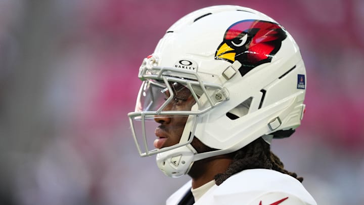 Dec 21, 2025; Glendale, Arizona, USA;  Arizona Cardinals wide receiver Marvin Harrison Jr. (18) on the field during warm ups prior to a game against the Atlanta Falcons at State Farm Stadium. Mandatory Credit: Joe Camporeale-Imagn Images