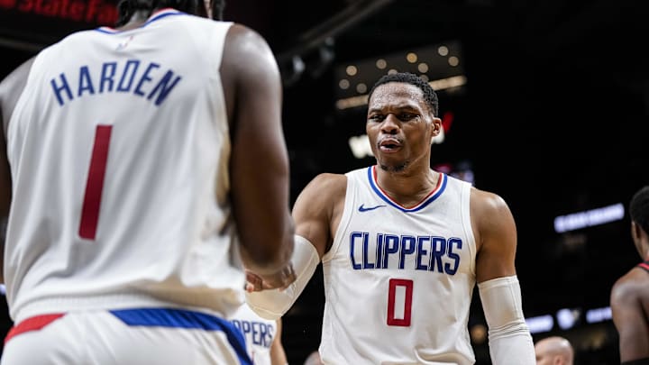 LA Clippers guards Russell Westbrook (0) and James Harden (1) against the Atlanta Hawks at State Farm Arena. 