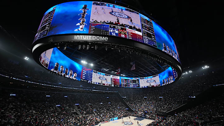 May 1, 2025; Inglewood, California, USA; A general overall view of the Intuit Dome during game six of first round for the 2025 NBA Playoffs between the Denver Nuggets and the LA Clippers. Mandatory Credit: Kirby Lee-Imagn Images