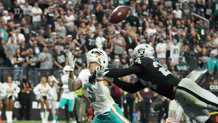 Miami Dolphins wide receiver Will Fuller (3) is defended by Las Vegas Raiders defensive back Johnathan Abram (24) in overtime at Allegiant Stadium.The Raiders defeated the Dolphins 31-28 in overtime in 2021.