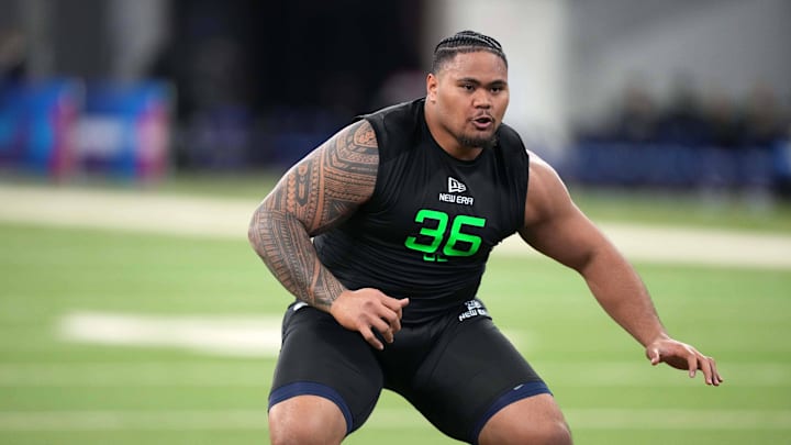 Mar 2, 2025; Indianapolis, IN, USA; Arizona offensive lineman Jonah Savaiinaea (OL36) during the 2025 NFL Scouting Combine at Lucas Oil Stadium. Mandatory Credit: Kirby Lee-Imagn Images