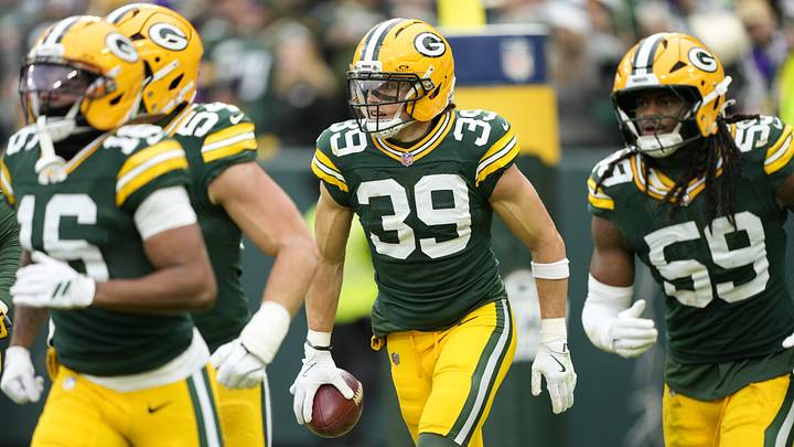 Nov 23, 2025; Green Bay, Wisconsin, USA; Green Bay Packers safety Zayne Anderson (39) comes off the field after a fumble recovery against the Minnesota Vikings during the second half at Lambeau Field. Mandatory Credit: Kayla Wolf-Imagn Images