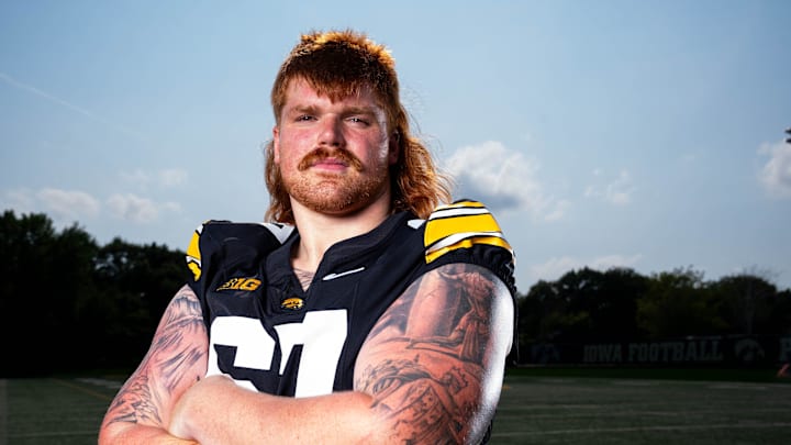 Offensive Lineman Gennings Dunker stands for a photo as Iowa Football hosts media day on Aug. 8, 2025, in Iowa City.