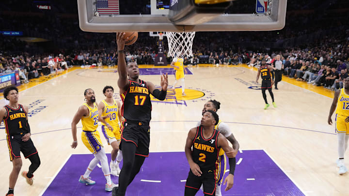 Mar 18, 2024; Los Angeles, California, USA; Atlanta Hawks forward Onyeka Okongwu (17) shoots the ball in the first half against the Los Angeles Lakers at Crypto.com Arena. Mandatory Credit: Kirby Lee-Imagn Images
