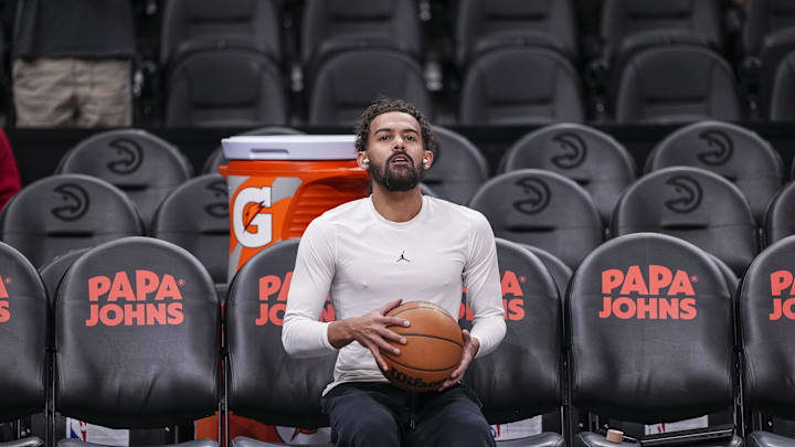 Jan 7, 2026; Atlanta, Georgia, USA; Atlanta Hawks guard Trae Young (11) shown on the court before the game against the New Orleans Pelicans at State Farm Arena. Mandatory Credit: Dale Zanine-Imagn Images