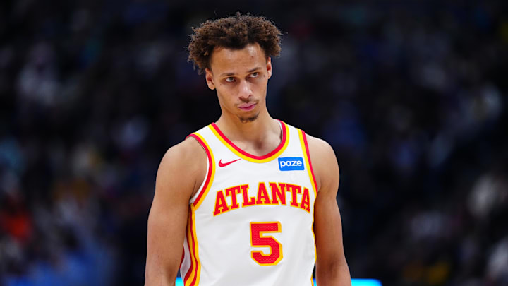 Jan 9, 2026; Denver, Colorado, USA; Atlanta Hawks guard Dyson Daniels (5) looks on during the second half against the Denver Nuggets at Ball Arena. Mandatory Credit: Ron Chenoy-Imagn Images