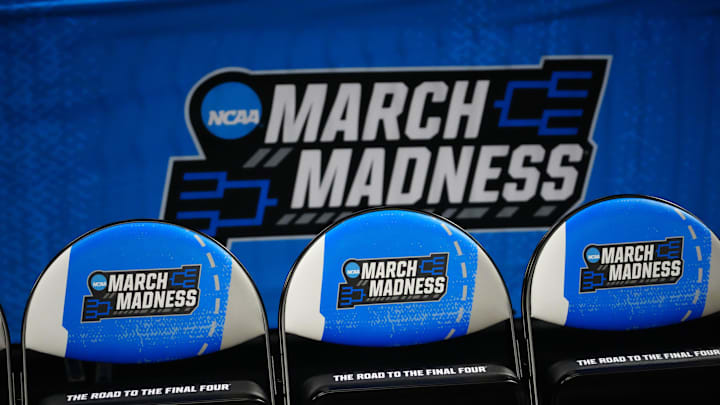 The March Madness logo on the team seats at the Intrust Bank Arena. 