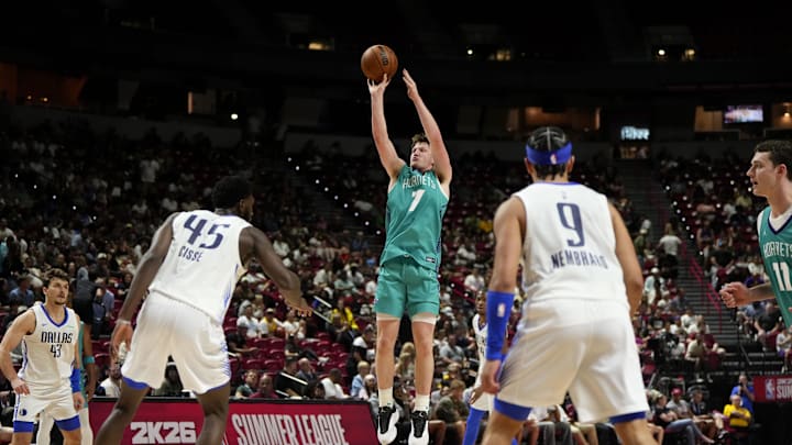 Jul 14, 2025; Las Vegas, NV, USA; Charlotte Hornets guard Kon Knueppel (7) shoots the ball against the Dallas Mavericks during the second half of a NBA basketball game at the Thomas & Mack Center. Mandatory Credit: Lucas Peltier-Imagn Images