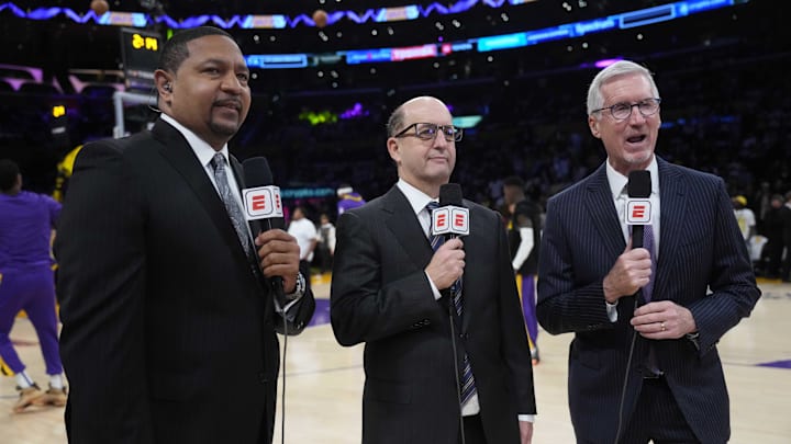 May 20, 2023; Los Angeles, California, USA; ESPN analyst Mark Jackson (left), commentator Jeff Van Gundy (center) and play-by-play announcer Mike Breen during game three of the Western Conference Finals for the 2023 NBA playoffs between the Los Angeles Lakers and the Denver Nuggets at Crypto.com Arena. Mandatory Credit: Kirby Lee-Imagn Images