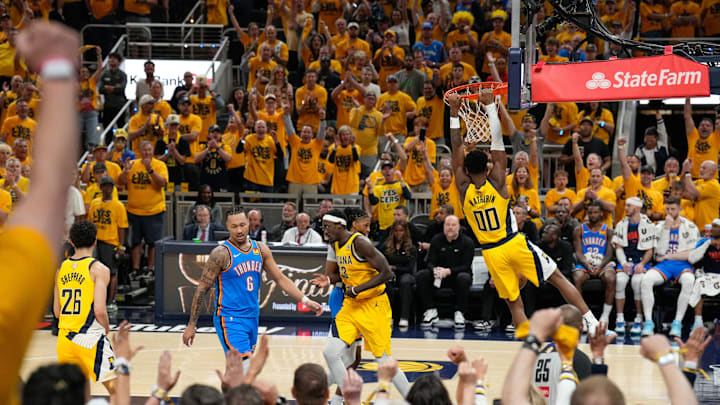 Jun 19, 2025; Indianapolis, Indiana, USA; Indiana Pacers guard Bennedict Mathurin (00) dunks the ball against the Oklahoma City Thunder in the fourth quarter during game six of the 2025 NBA Finals at Gainbridge Fieldhouse. Mandatory Credit: Kyle Terada-Imagn Images Jun 19, 2025; Indianapolis, Indiana, USA; Indiana Pacers guard Bennedict Mathurin (00) dunks the ball against the Oklahoma City Thunder in the fourth quarter during game six of the 2025 NBA Finals at Gainbridge Fieldhouse. Mandatory Credit: Kyle Terada-Imagn Images