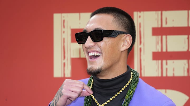 Apr 24, 2025; Green Bay, WI, USA; Arizona Wildcats wide receiver Tetairoa McMillan on the red carpet before the 2025 NFL Draft at Lambeau Field. Mandatory Credit: Kirby Lee-Imagn Images