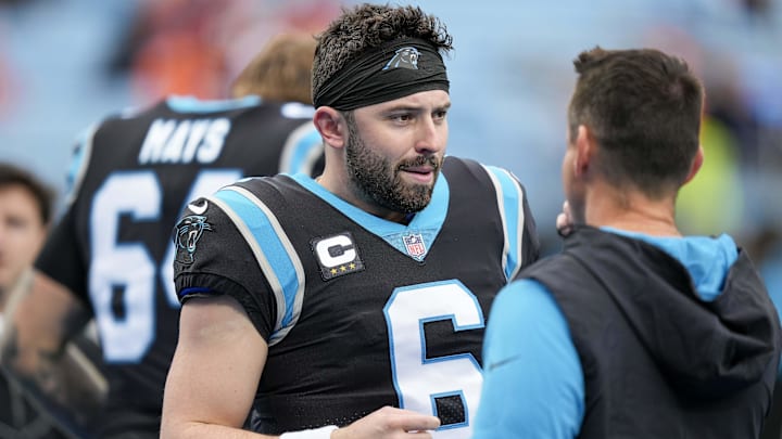 Nov 27, 2022; Charlotte, North Carolina, USA; Carolina Panthers quarterback Baker Mayfield (6) looks on during pregame warmups against the Denver Broncos at Bank of America Stadium. Mandatory Credit: Jim Dedmon-Imagn Images