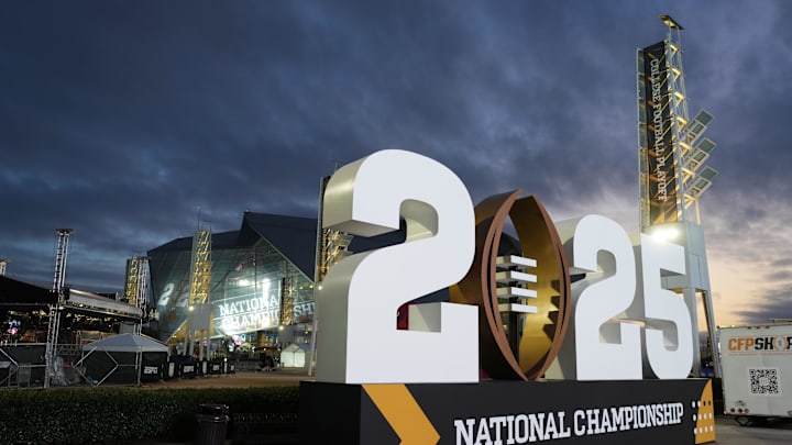 A general overall view of the 2025 College Football Playoff National Championship logo at Mercedez-Benz Stadium in Atlanta.