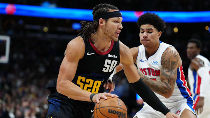 Jan 7, 2024; Denver, Colorado, USA; Denver Nuggets forward Aaron Gordon (50) drives past Detroit Pistons guard Killian Hayes (7) in the second half at Ball Arena. Mandatory Credit: Ron Chenoy-Imagn Images Jan 7, 2024; Denver, Colorado, USA; Denver Nuggets forward Aaron Gordon (50) drives past Detroit Pistons guard Killian Hayes (7) in the second half at Ball Arena. Mandatory Credit: Ron Chenoy-Imagn Images