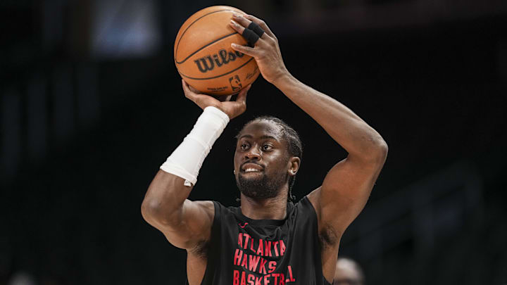 Apr 1, 2025; Atlanta, Georgia, USA; Atlanta Hawks guard Caris LeVert (3) on the court before the game against the Portland Trail Blazers at State Farm Arena. Mandatory Credit: Dale Zanine-Imagn Images