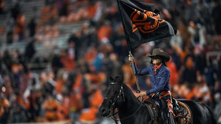 Oklahoma State mascot Bullet trots across the field after an OSU touchdown in the fourth quarter of the NCAA Big12 football game between the Oklahoma State Cowboys and the Cincinnati Bearcats at Boone Pickens Stadium in Stillwater, Okla., on Saturday, Oct. 28, 2023.