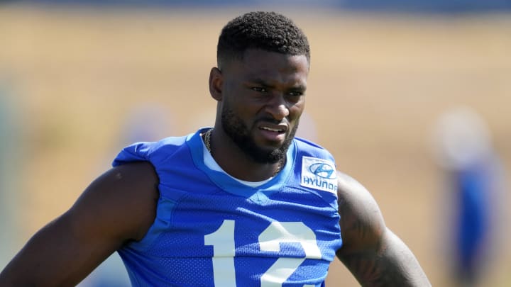 Jun 7, 2022; Thousand Oaks, California, USA; Los Angeles Rams receiver Van Jefferson (12) during minicamp at Cal Lutheran University. Mandatory Credit: Kirby Lee-USA TODAY Sports