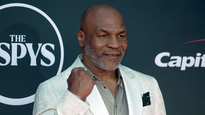 Jul 12, 2023; Los Angeles, CA, USA; Mike Tyson arrives on the red carpet before the 2023 ESPYS at the Dolby Theatre. Mandatory Credit: Kirby Lee-Imagn Images