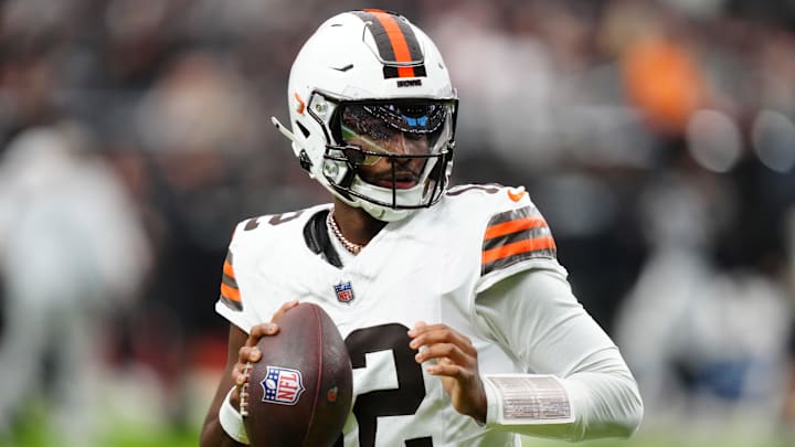 Nov 23, 2025; Paradise, Nevada, USA; Cleveland Browns quarterback Shedeur Sanders (12) throws the ball against the Las Vegas Raiders at Allegiant Stadium. Mandatory Credit: Kirby Lee-Imagn Images Nov 23, 2025; Paradise, Nevada, USA; Cleveland Browns quarterback Shedeur Sanders (12) throws the ball against the Las Vegas Raiders at Allegiant Stadium. Mandatory Credit: Kirby Lee-Imagn Images